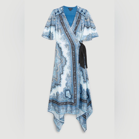 Karen Millen Scarf Printed Hammered Satin Woven Wrap Midi Dress - Size S - Picture 2 of 4